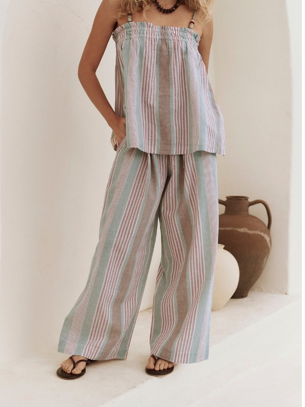 Free People Striped Linen Corfu Set, Misty Combo, Large